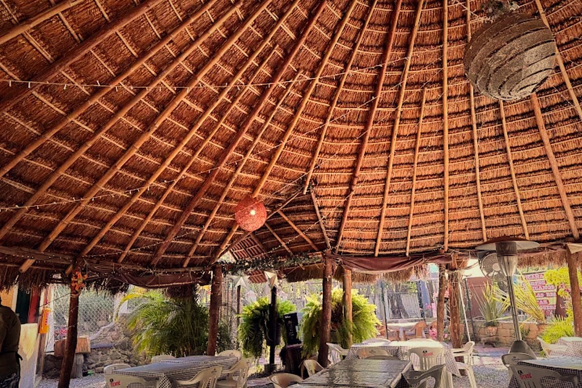 El techo de palma tejida visto desde una de las mesas del comedor